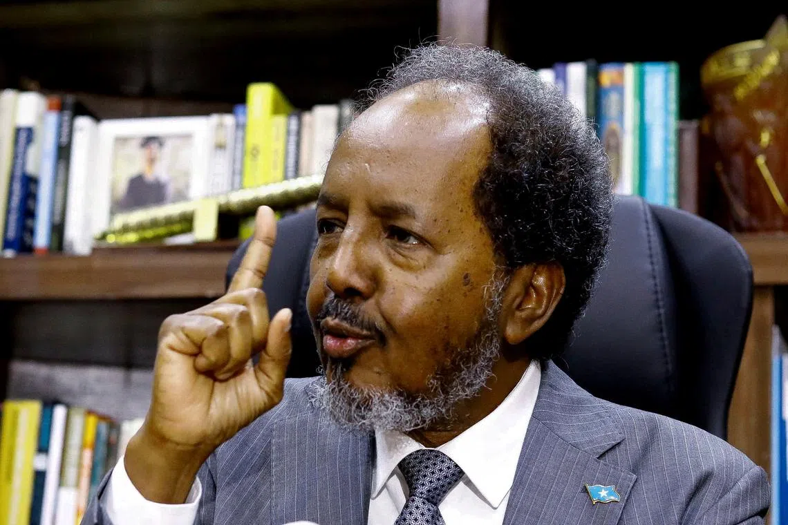 FILE PHOTO: Somalia's President Hassan Sheikh Mohamud speaks during an interview with Reuters, in his office in Mogadishu, Somalia February 20, 2024. REUTERS/Feisal Omar/File Photo