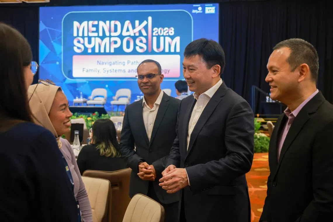(From left) Mendaki chief executive Feroz Akber, National Development Minister Chee Hong Tat and Senior Minister of State for Ministry of Defence and Mendaki chairman Zaqy Mohamad greeting attendees at the Mendaki Symposium 2026 at Sands Expo and Convention Centre on July 9.