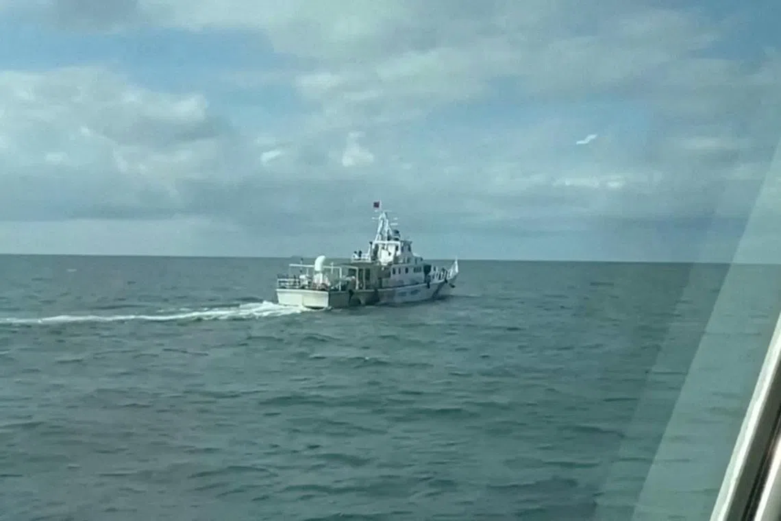 FILE PHOTO: FILE PHOTO: One of the four Coast Guard Vessels, which Taiwan says belongs to China and entered waters near frontline islands, sails on water, in this screengrab from a handout video, July 11, 2024. Taiwan Coast Guard/Handout via REUTERS /File Photo