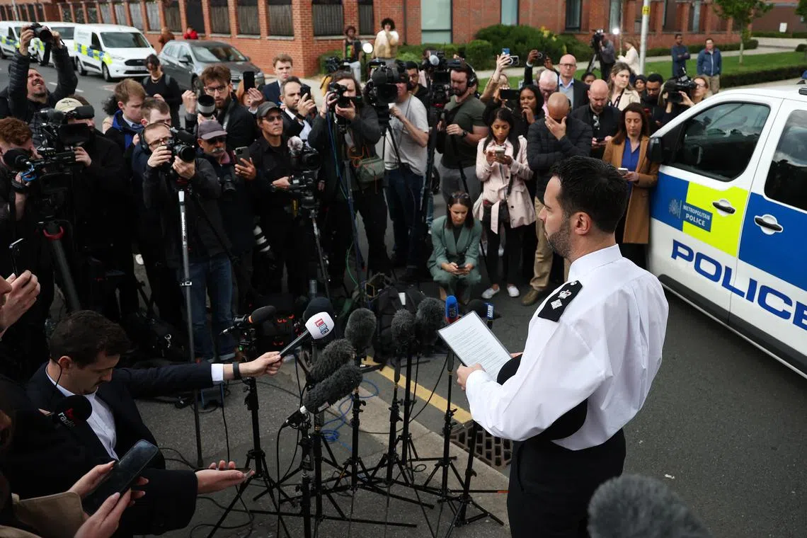 epa11310114 Police Chief Superintendent Stuart Bell delivers a statement to the media at the scene of an incident involving a man with a sword, in Hainault, east London, Britain, 30 April 2024. London's Metropolitan Police said a 13-year-old boy has died, and four people including two police officers remain in hospital with significant injuries, after an incident in Hainault east London, when a man attacked people with a sword. A 36-year-old man was arrested at the scene and remains in custody.  EPA-EFE/ANDY RAIN