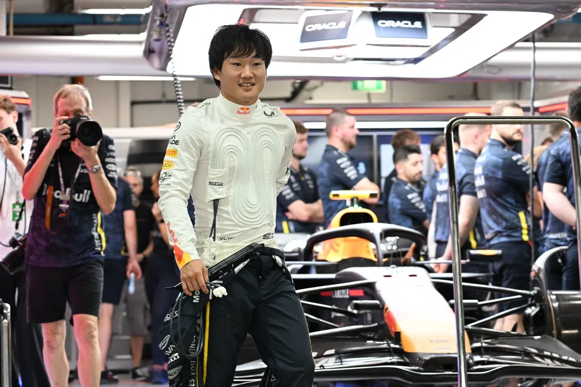 Oracle Red Bull Racing driver Yuki Tsunoda of Japan wearing a cooling vest during the F1 Pit Experience at the Singapore Formula One Grand Prix 2025 on Oct 2.