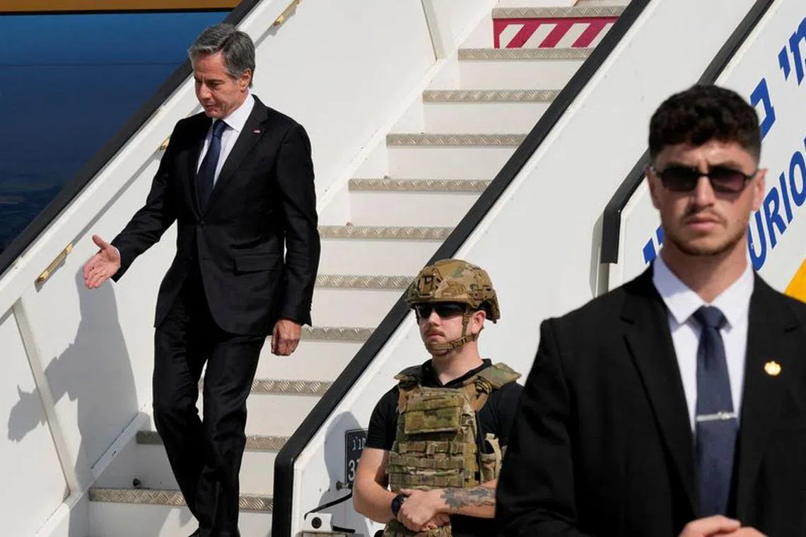 U.S. Secretary of State Antony Blinken arrives at Ben Gurion Airport in Tel Aviv, Israel, Thursday Oct. 12, 2023. President Joe Biden is dispatching his top diplomat to Israel on an urgent mission to show U.S. support after the unprecedented attack by Hamas militants.     Jacquelyn Martin/Pool via REUTERS