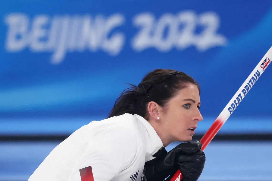 FILE PHOTO: 2022 Beijing Olympics - Curling - Women's Gold Medal Game - Japan v Britain - National Aquatics Center, Beijing, China - February 20, 2022 Skip Eve Muirhead of Britain reacts during the game. REUTERS/Evelyn Hockstein/File Photo