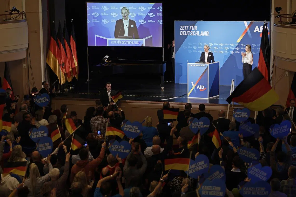 Alternative for Germany (AfD) party and faction co-chairwoman and top candidate for the federal election Alice Weidel delivering a speech during an election campaign event in Heidenheim, Germany on Feb 9. 