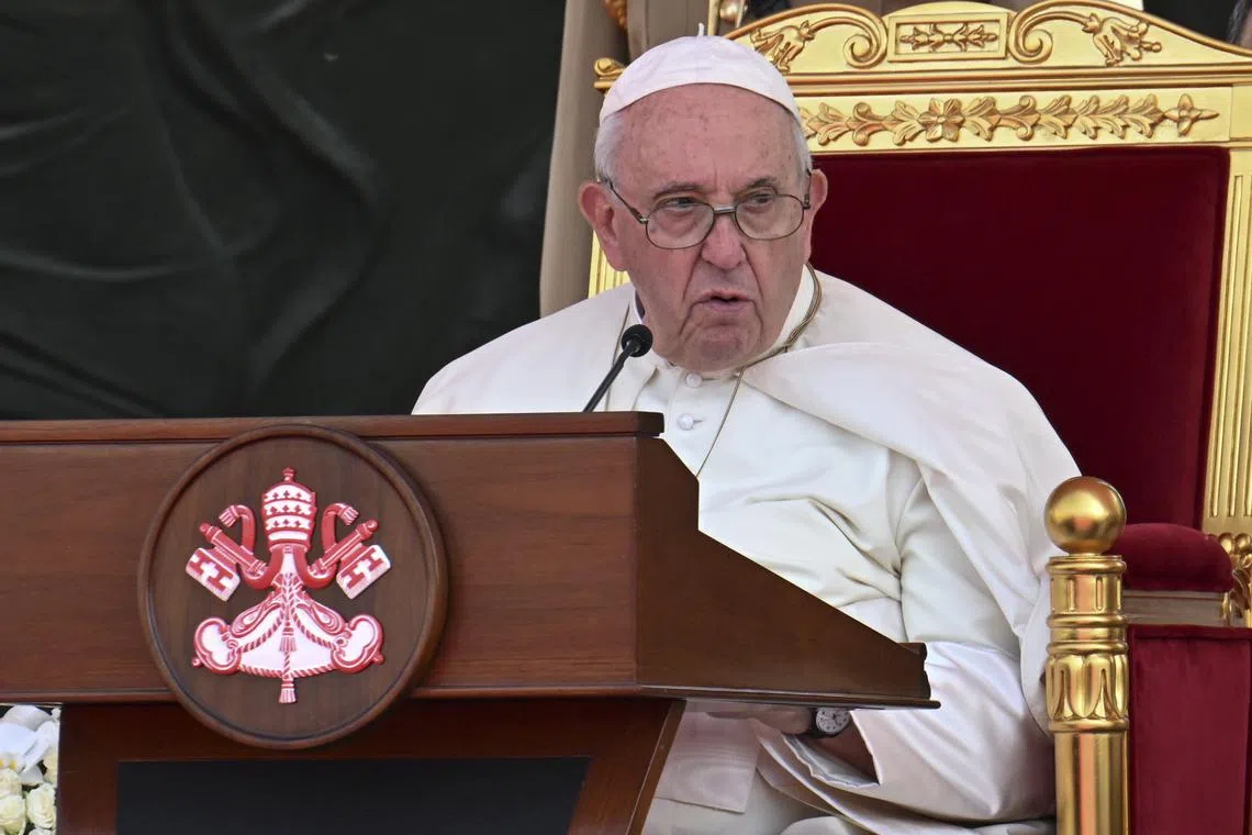 epa10285462 Pope Francis delivers a speech after the Tree of Peace ceremony in the scope of closing of the 'Bahrain Forum for Dialogue: East and West for Human Coexistence' in the Al-Fida' Square of Sakhir Royal Palace at Awali, Kingdom of Bahrain, 04 November 2022.  EPA-EFE/MAURIZIO BRAMBATTI
