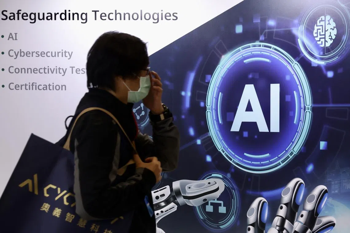 epa11338415 A person walks past an AI graphic illustration during the 'CYBERSEC 2024' cyber security expo in Taipei, Taiwan, 14 May 2024. The 10th edition of CYBERSEC 2024, which is held from 14-16 May under the theme 'Generative Future,' gathers leading cybersecurity professionals for more than 300 presentations and features exhibitions from over 500 global brands at Asia’s biggest CYBERSEC EXPO. This year introduces new segments such as the Cyber Taiwan Pavilion, Cyber Talent, and the AIoT and Hardware Security Zone. EPA-EFE/RITCHIE B. TONGO