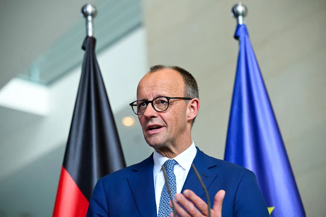 German Chancellor Friedrich Merz speaks during a joint press conference with Danish Prime Minister Mette Frederiksen (not pictured), at the Chancellery in Berlin, Germany June 11, 2025. REUTERS/Annegret Hilse