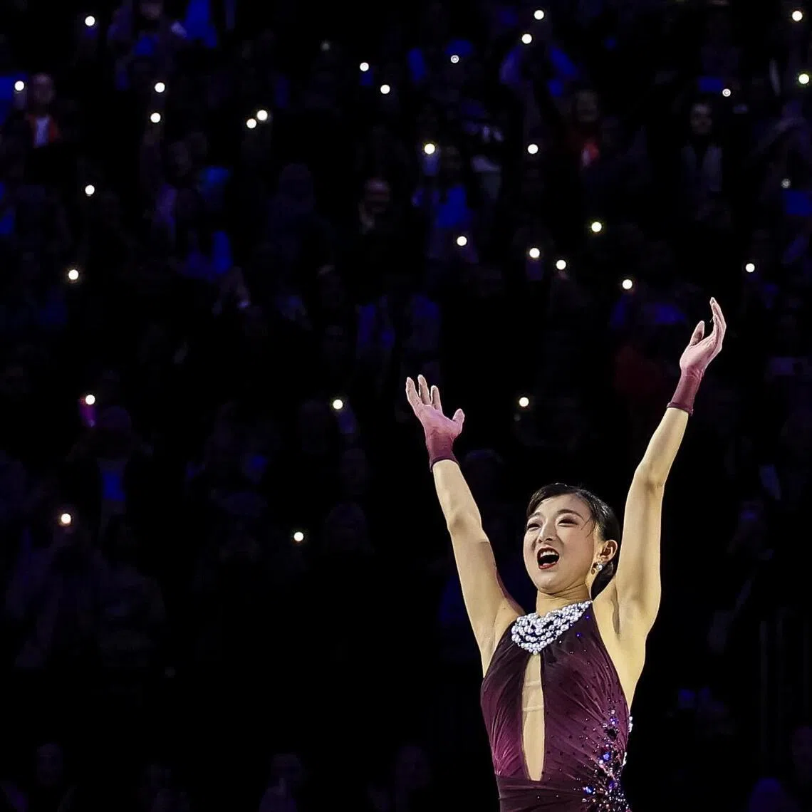 Kaori Sakamoto of Japan celebrates after winning gold medal in the Women's Free Skating at the ISU Figure Skating World Championships 2026 in Prague, Czech Republic.