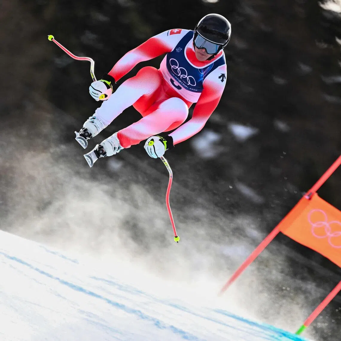 Switzerland's Franjo von Allmen competing in the men's downhill alpine skiing event on Feb 7.