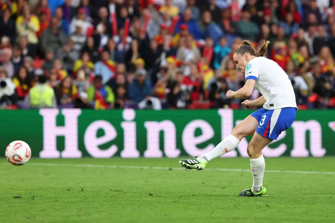 Soccer Football - UEFA Women's Euro 2025 - Final - England v Spain - St. Jakob-Park, Basel, Switzerland - July 27, 2025 England's Niamh Charles scores a penalty during the shoot-out REUTERS/Denis Balibouse