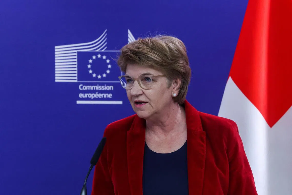 Swiss Confederation President Viola Amherd looks on as she meets with European Commission President Ursula von der Leyen in Brussels, Belgium March 18, 2024. REUTERS/Yves Herman/File Photo