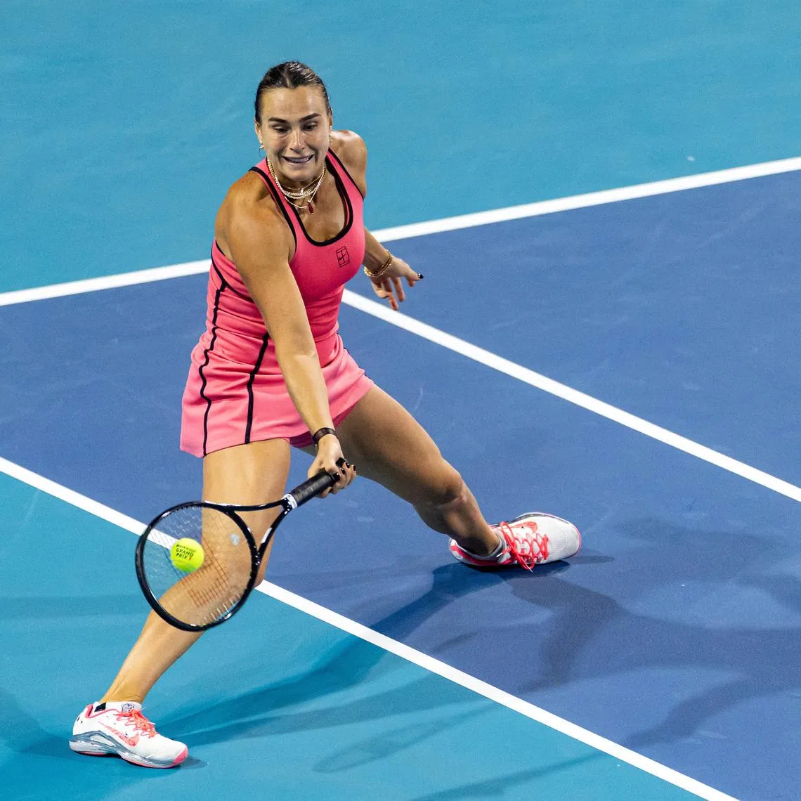 Mar 25, 2026; Miami Gardens, FL, USA; Aryna Sabalenka of Belarus hits a forehand against Hailey Baptiste of the United States in the quarter finals of the women’s singles at the Miami Open at Hard Rock Stadium. Mandatory Credit: Mike Frey-Imagn Images