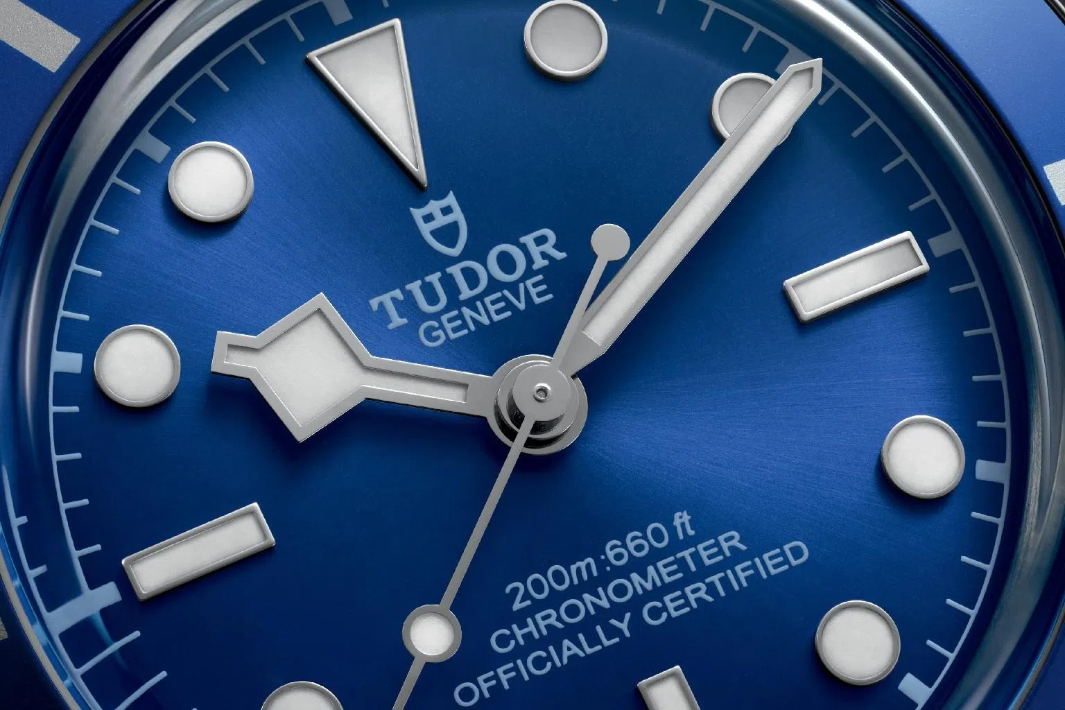 Close-up of the Tudor Black Bay 54 “Blue” dial with snowflake hands.