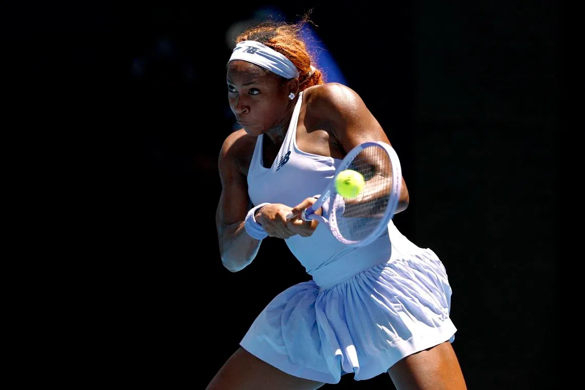 Coco Gauff of the United States in action during her first round match against Uzbekistan's Kamilla Rakhimova.