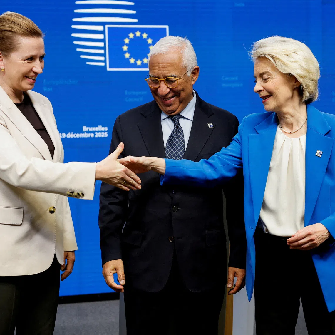 Denmark's Prime Minister Mette Frederiksen, European Council President Antonio Costa and European Commission President Ursula von der Leyen hold a press conference during a European Union leaders' summit, in Brussels, Belgium December 19, 2025. REUTERS/Stephanie Lecocq