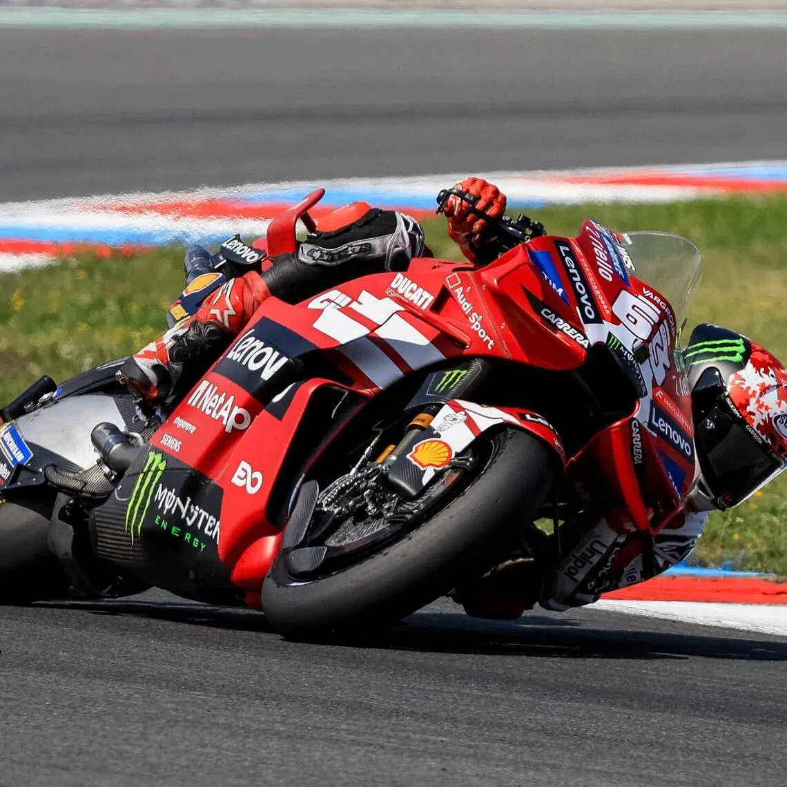 Italian MotoGP rider Francesco Bagnaia of Ducati Lenovo Team in the sprint race at the Motorcycling Grand Prix of the Czech Republic at Masaryk circuit in Brno on June 20, 2026.