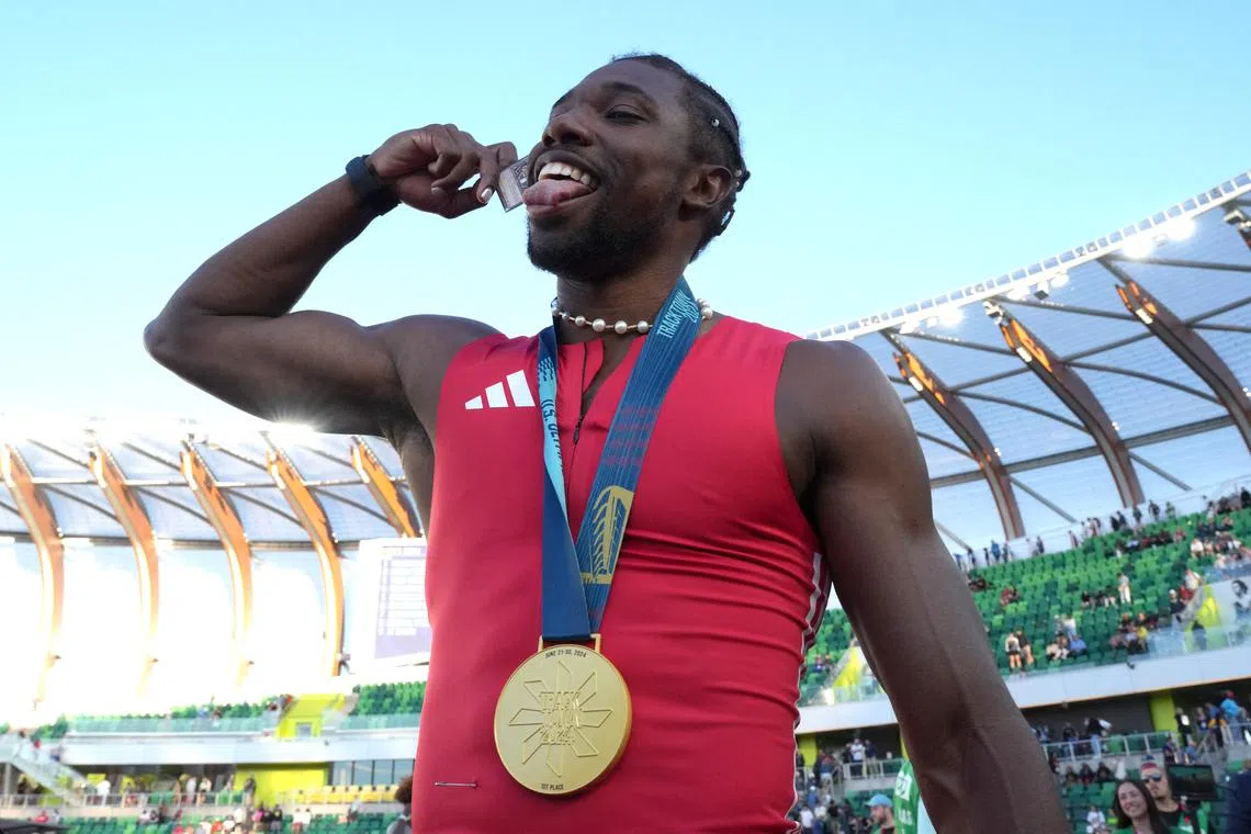 Jun 23, 2024; Eugene, OR, USA; Noah Lyles poses with gold medal after winning the 100m in 9.83 during the US Olympic Team Trials at Hayward Field. Mandatory Credit: Kirby Lee-USA TODAY Sports