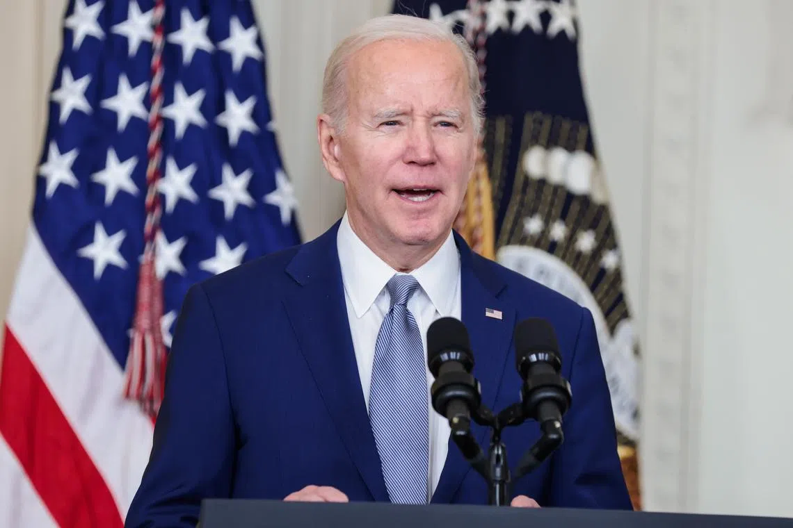 US President Joe Biden speaks at the Arts and Humanities Award Ceremony, in the East Room of The White House, on March 21, 2023.
