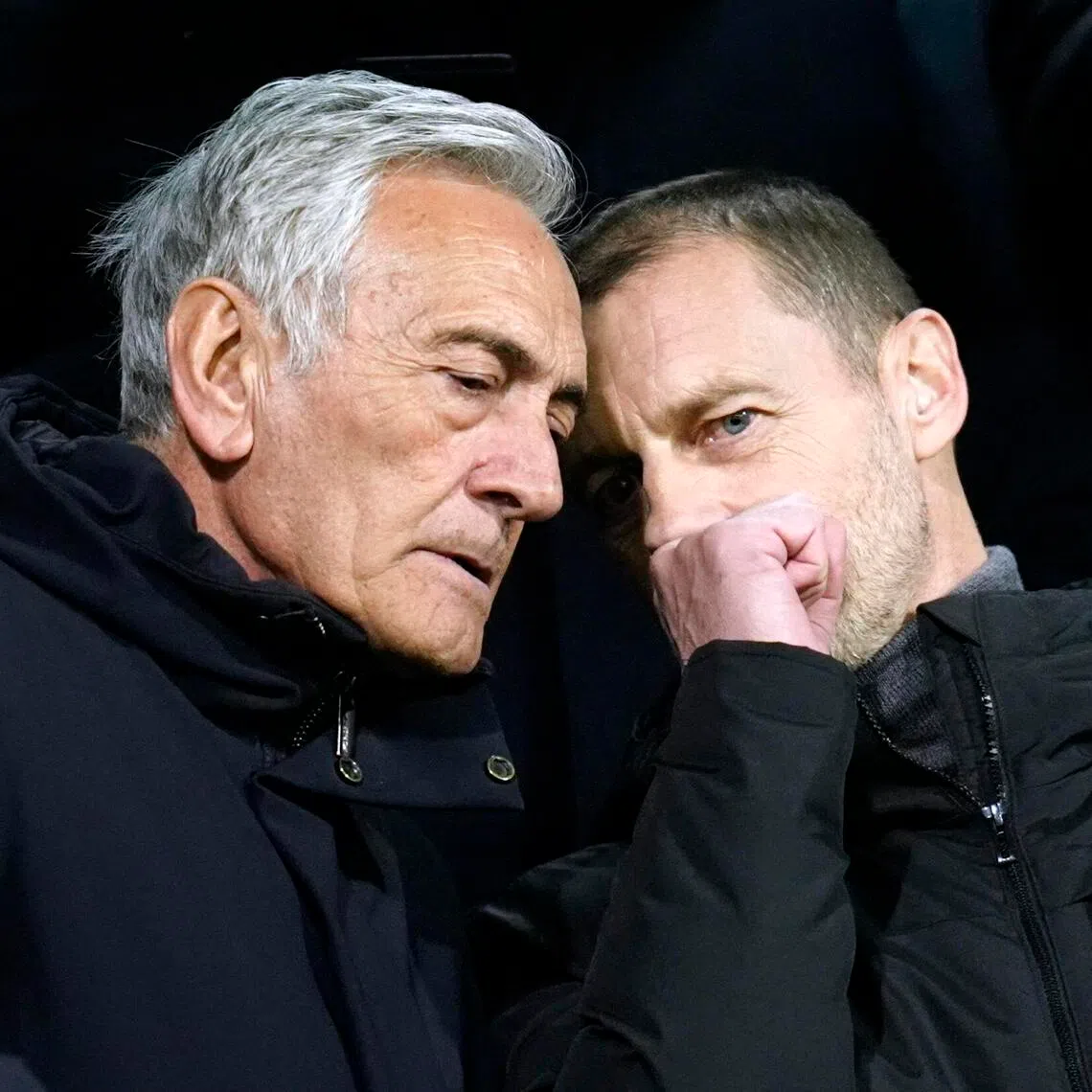 UEFA vice-president and head of Italy’s football federation Gabriele Gravina (left) and UEFA president Aleksander Ceferin in the stands before the 2026 World Cup play-off between Italy and Bosnia and Herzegovina at Bilino Polje Stadium in Zenica on March 31, 2026. Italy lost 4-1 on penalties after the match ended 1-1.
