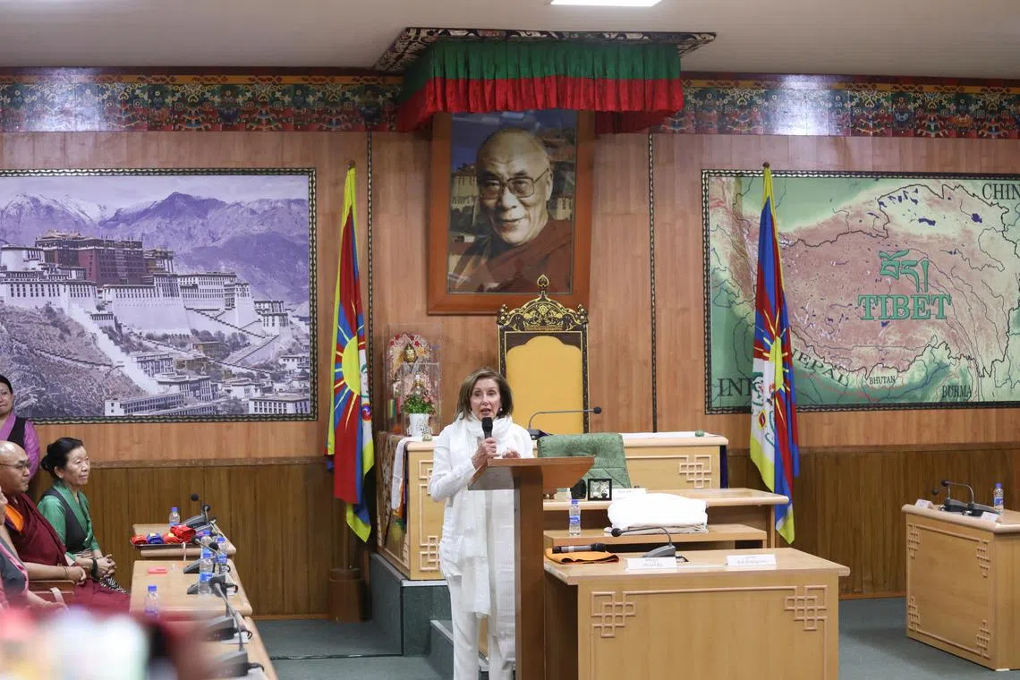 Former U.S. House speaker Nancy Pelosi speaks at the Tibetan Parliament-in-Exile at Dharamshala, Himachal Pradesh, India, June 18, 2024. REUTERS/Stringer