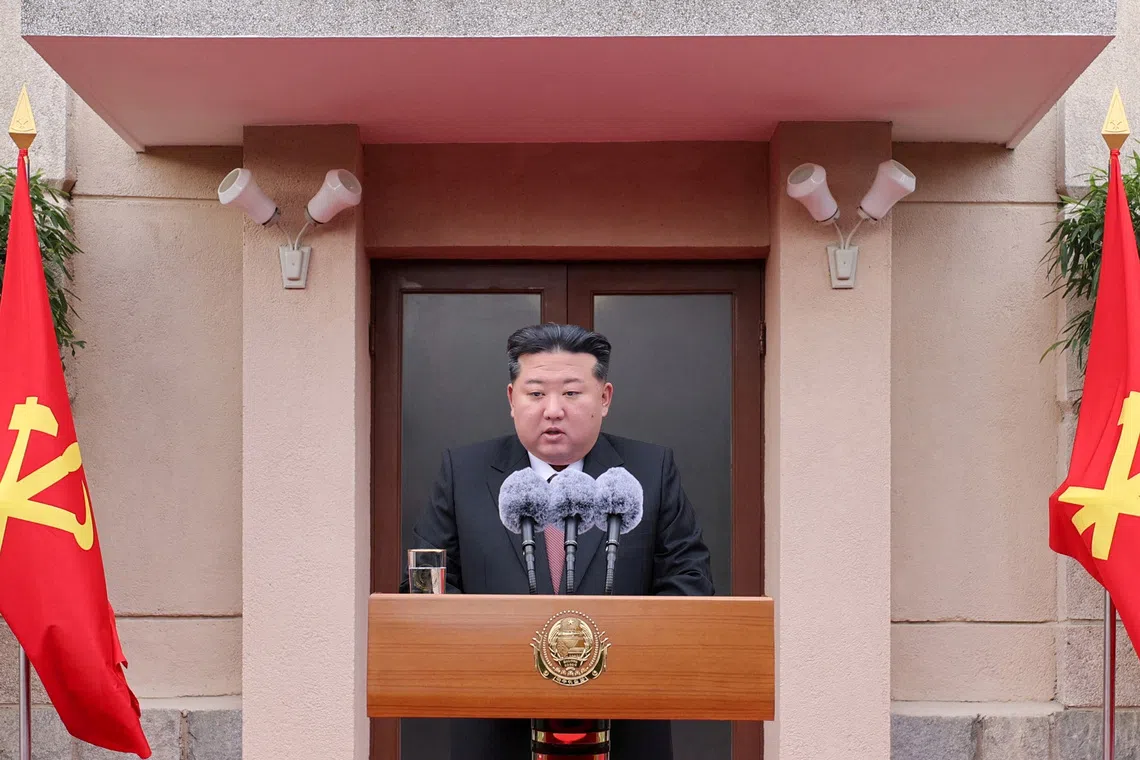 North Korean leader Kim Jong Un speaks as he visits the Party Founding Museum on the occasion of the 80th anniversary of the founding of the Workers' Party of Korea, in Pyongyang, North Korea, October 8, 2025, in this pictured released October 9, 2025 by North Korea's official Korean Central News Agency. KCNA via REUTERS
