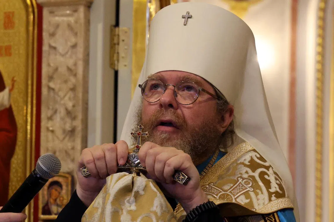 FILE PHOTO: Metropolitan Tikhon Shevkunov, newly appointed head of the Crimean Metropolis of the Russian Orthodox Church, conducts a service at a cathedral in Simferopol, Crimea, October 21, 2023. REUTERS/Alexey Pavlishak/File Photo