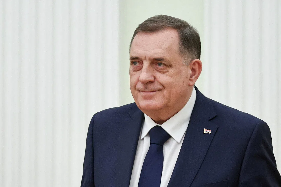 FILE PHOTO: Bosnian Serb leader Milorad Dodik attends a meeting with Russian President Vladimir Putin at the Kremlin in Moscow, Russia, April 1, 2025. Sputnik/Mikhail Tereshchenko/Pool via REUTERS/File Photo