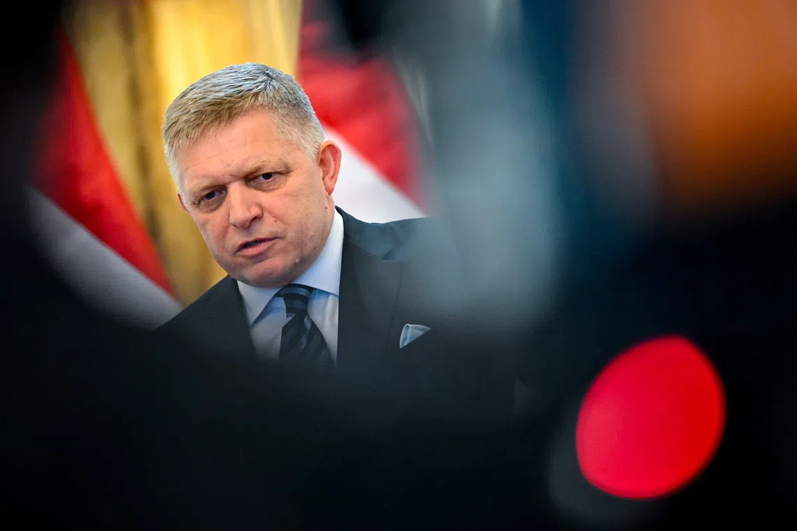 Slovakia's Prime Minister Robert Fico attends a press conference with Hungarian Prime Minister Viktor Orban (not pictured), in Bratislava, Slovakia, April 28, 2025. REUTERS/Radovan Stoklasa/File Photo