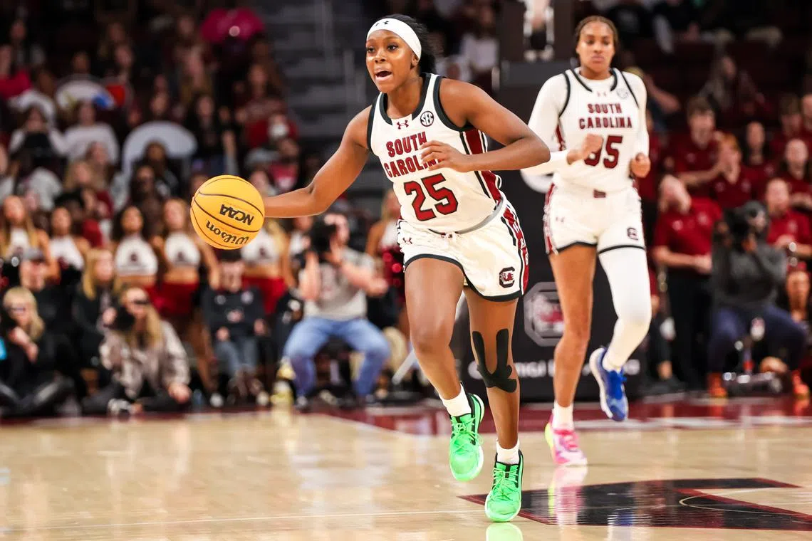 Nov 17, 2024; Columbia, South Carolina, USA; South Carolina Gamecocks guard Raven Johnson (25) brings the ball up against the East Carolina Lady Pirates in the second half at Colonial Life Arena. Mandatory Credit: Jeff Blake-Imagn Images/ File Photo
