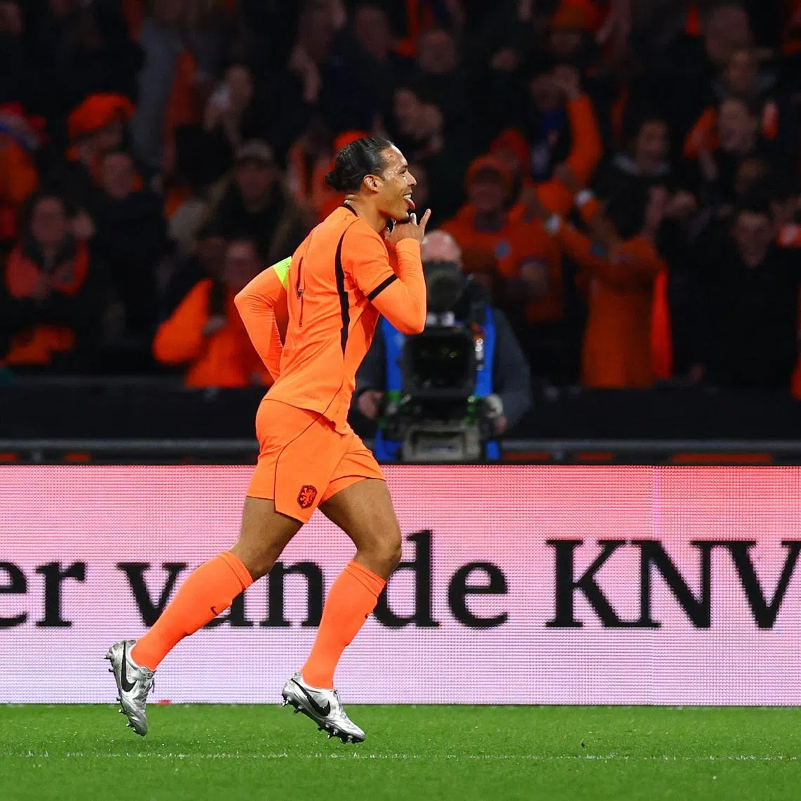 Soccer Football - International Friendly - Netherlands v Norway - Johan Cruijff Arena, Amsterdam, Netherlands - March 27, 2026 Netherlands' Virgil van Dijk celebrates scoring their first goal REUTERS/Piroschka Van De Wouw