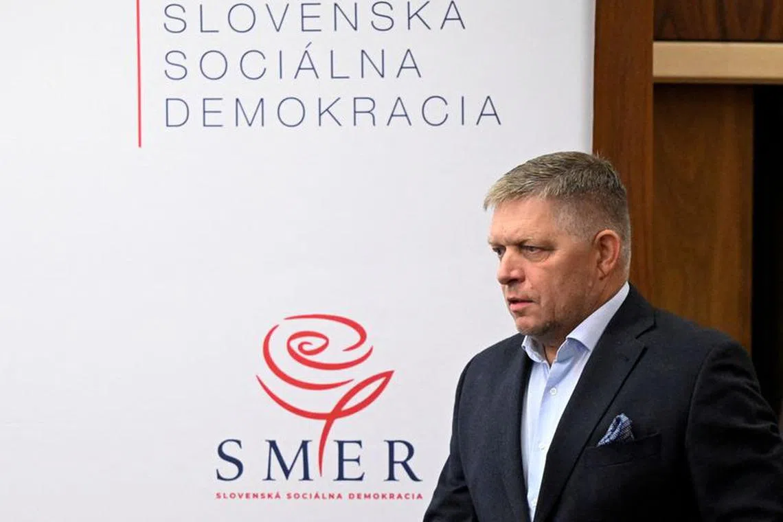 FILE PHOTO: SMER-SSD party leader Robert Fico attends a press conference after the country's early parliamentary elections, in Bratislava, Slovakia, October 1, 2023. REUTERS/Radovan Stoklasa/File Photo