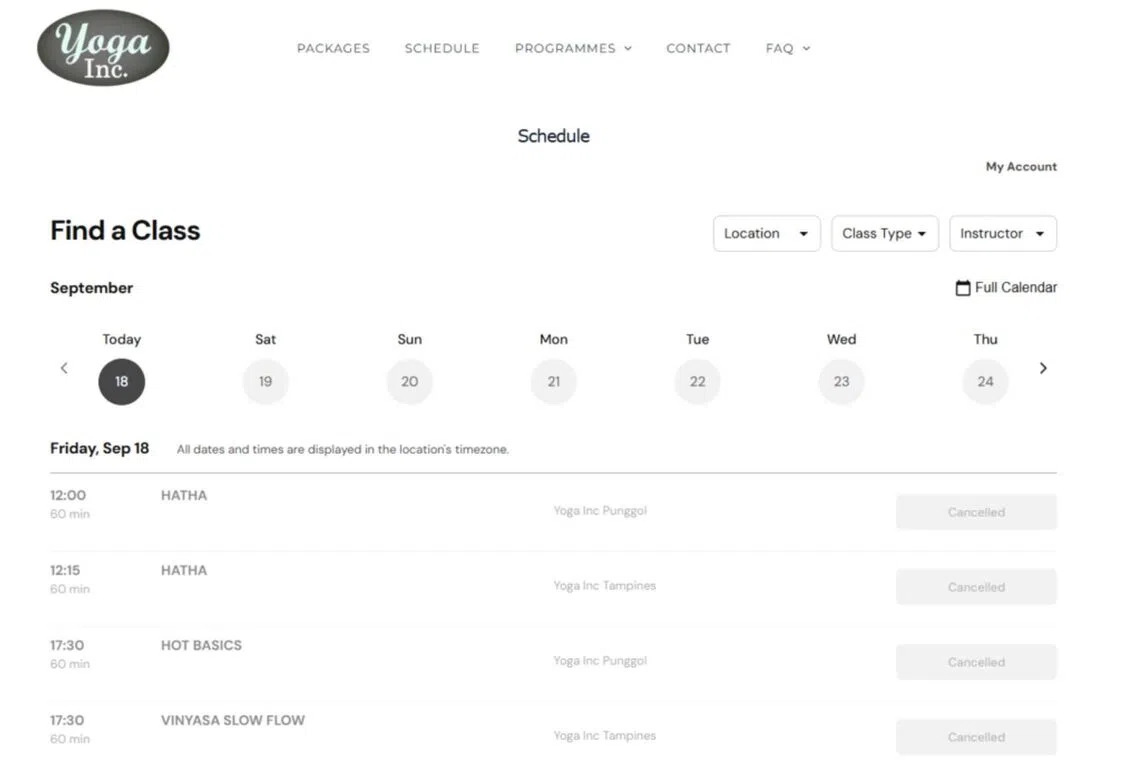 Checks by ST on Sept 18 show that all classes have been cancelled on Yoga Inc’s website.