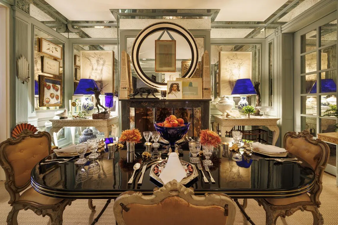 Grocery store finds, including nectarines and spider mums, decorate Miles Redd’s townhouse in Manhattan on Sept 19.