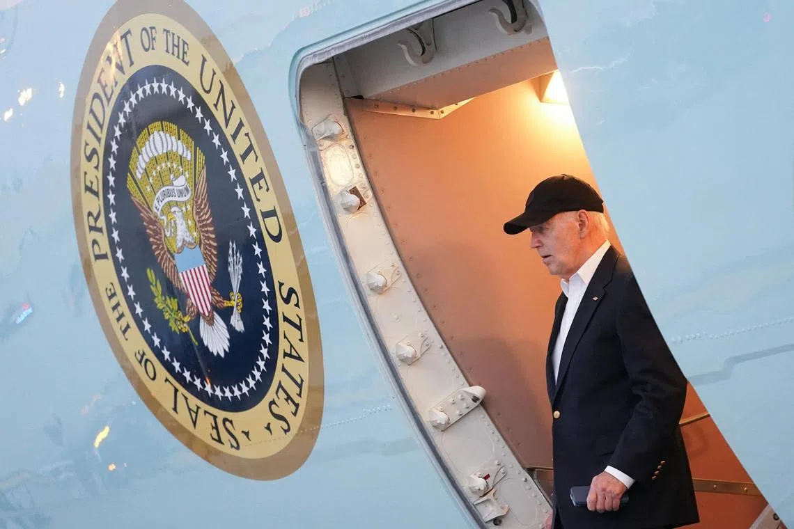 US President Joe Biden disembarking Air Force One  in Los Angeles, California, on June 15.