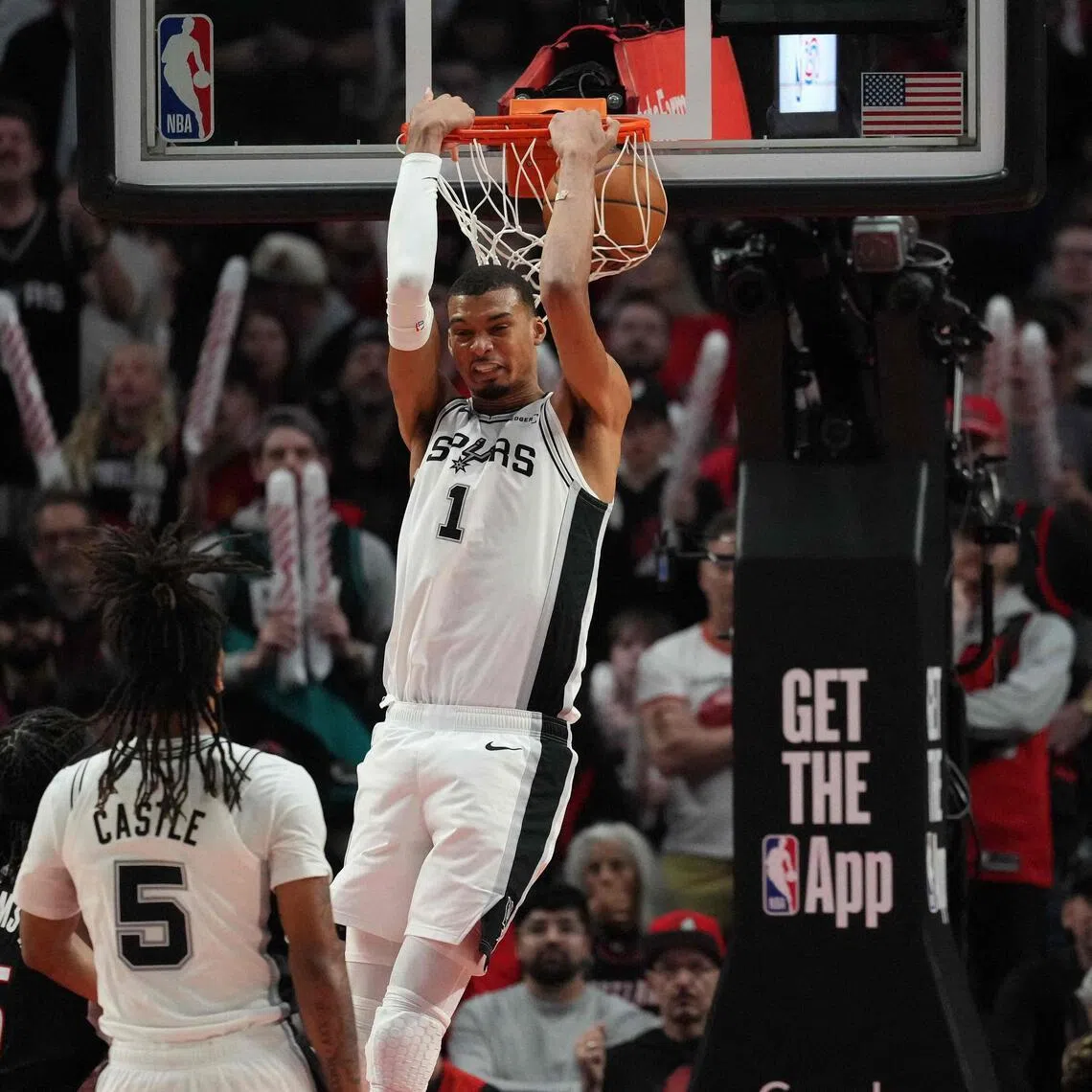 Victor Wembanyama of the San Antonio Spurs dunking the ball during the 114-93 NBA Western Conference first-round, play-off win over Portland Trail Blazers at Moda Center on April 26, 2026. The Spurs lead the series 3-1.