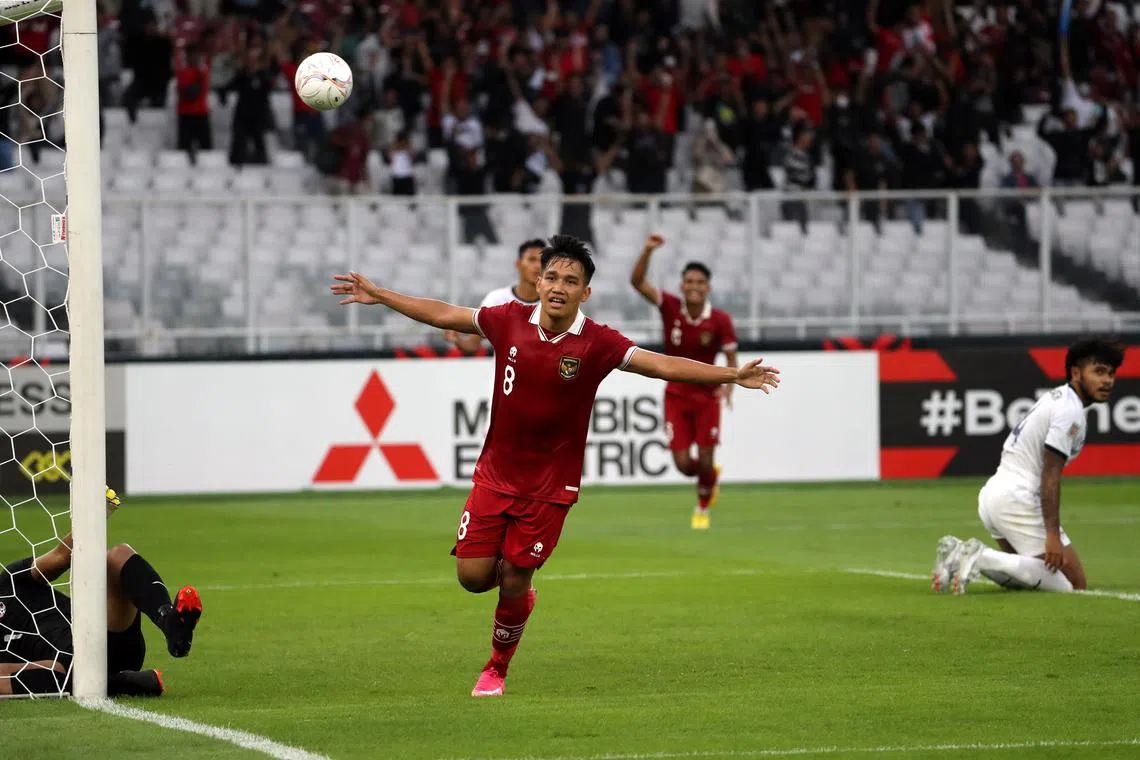 Witan Sulaiman of Indonesia celebrates his goal during the AFF Mitsubishi Electric Cup 2022 Group A soccer match against Cambodia on Dec 23, 2022. 