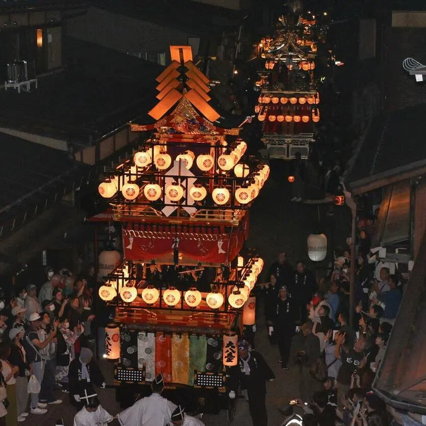 Colourful floats, lit by chochin lanterns on the first day of the two-day Takayama autumn festival on Oct 9.