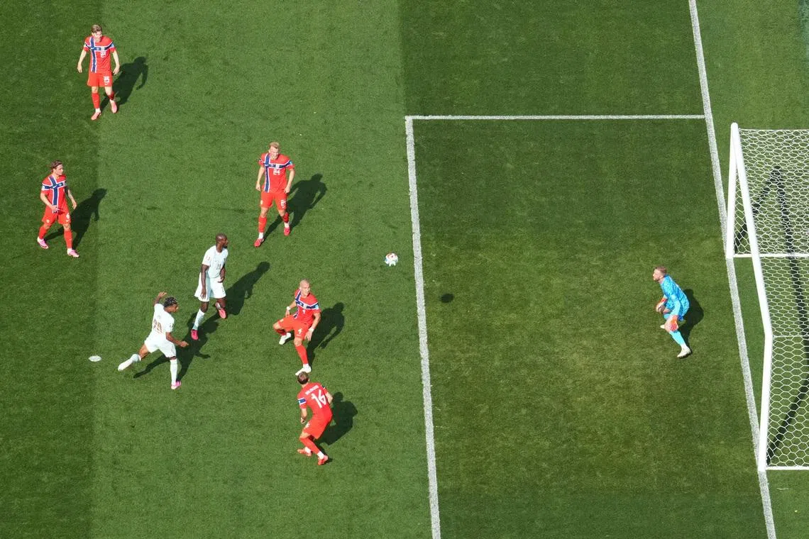 France’s Desire Doue scoring their fourth goal past Norway’s Egil Selvik on June 26.