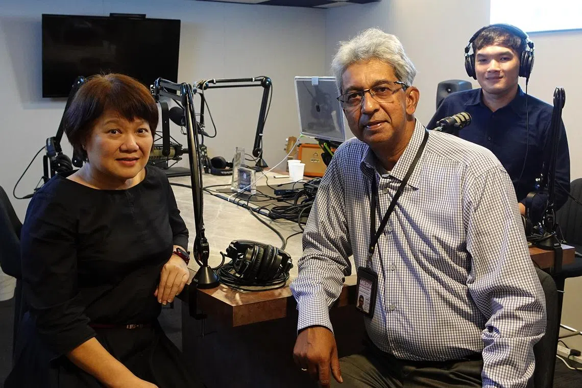 Ms Carmen Lee (left), head of OCBC Investment Research with ST associate editor Ven Sreenivasan and ST podcast producer Teo Tong Kai.