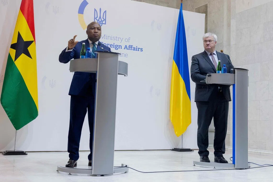 Ghana's Foreign Affairs Minister, Mr Samuel Okudzeto Ablakwa (left), speaking at a press briefing in Kyiv, Ukraine, on Feb 25, alongside his Ukrainian counterpart, Mr Andrii Sybiha.