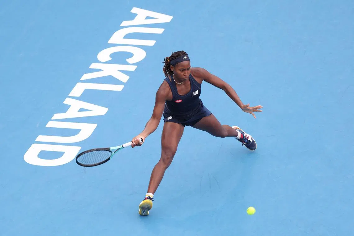 Coco Gauff of the United States hitting a return against Elina Svitolina of Ukraine during their women's final of the Auckland Classic tennis tournament on Jan 7. Gauff won 6-7 (4-7), 6-3, 6-3.