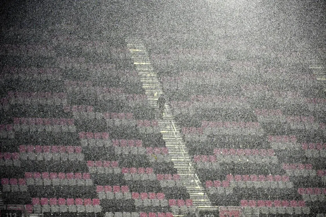 Rain pouring on the stands ahead of the round of 32 Leagues Cup football match between Inter Miami CF and Orlando City SC at DRV PNK Stadium in Fort Lauderdale, Florida, on August 2, 2023. 