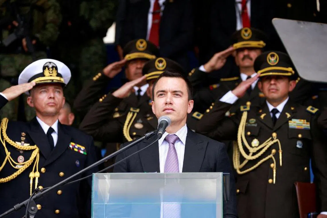 Ecuador's President Daniel Noboa gestures at a ceremony to deliver equipment to the National Police, amid the ongoing wave of violence around the nation, in Quito, Ecuador, January 22, 2024. REUTERS/Karen Toro