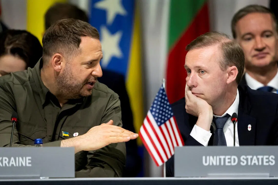 FILE PHOTO: Head of the Presidential Office of Ukraine Andriy Yermak and U.S. Security Advisor Jake Sullivan attend the plenary session during the Summit on peace in Ukraine, in Stansstad near Lucerne, Switzerland, June 16, 2024.  Alessandro della Valle/Pool via REUTERS/File Photo