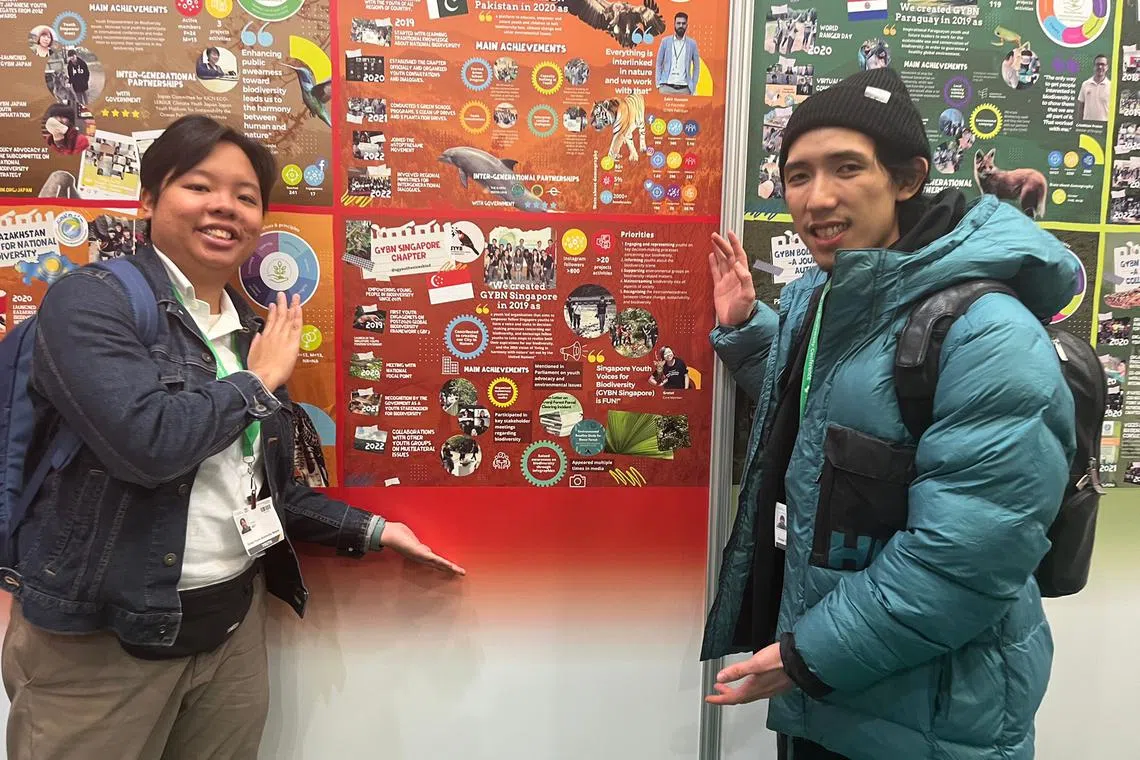 Ms Gretel Seet (left) and Mr Karl Png pose with the Singapore poster at the Youth Pavilion at COP15.
