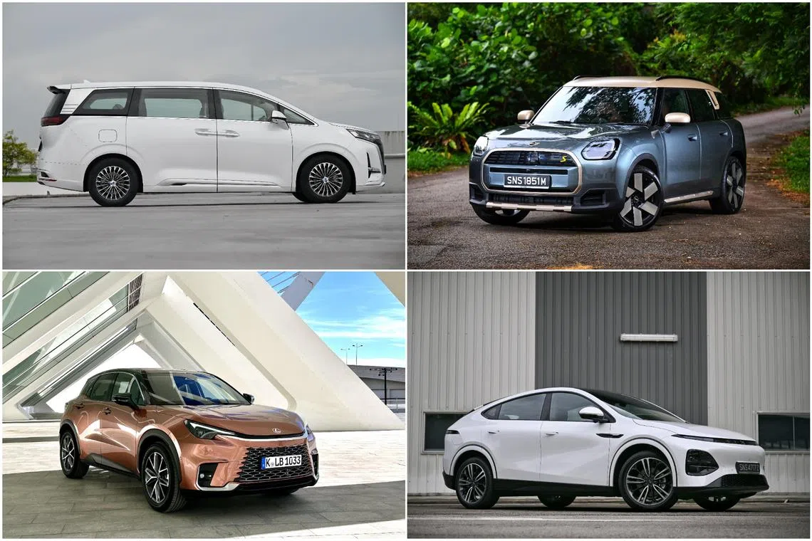 (Clockwise from top left) The Denza D9, Mini Countryman Electric, Xpeng G6 and Lexus LBX are among the 10 cars vying for the coveted ST Car of the Year.
