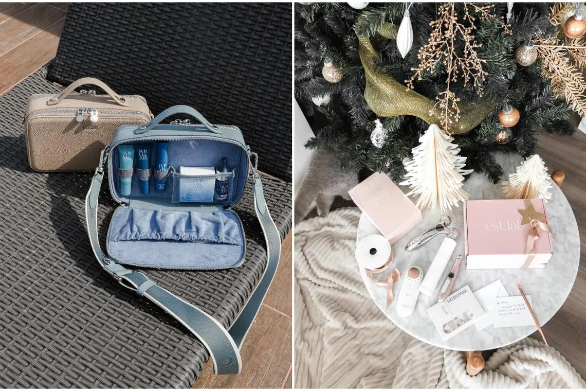 (Left) TOS X Porcelain Train Case ($495) and Est.Lab x Nodspark Supercharged Device Trio Holiday Kit ($580).