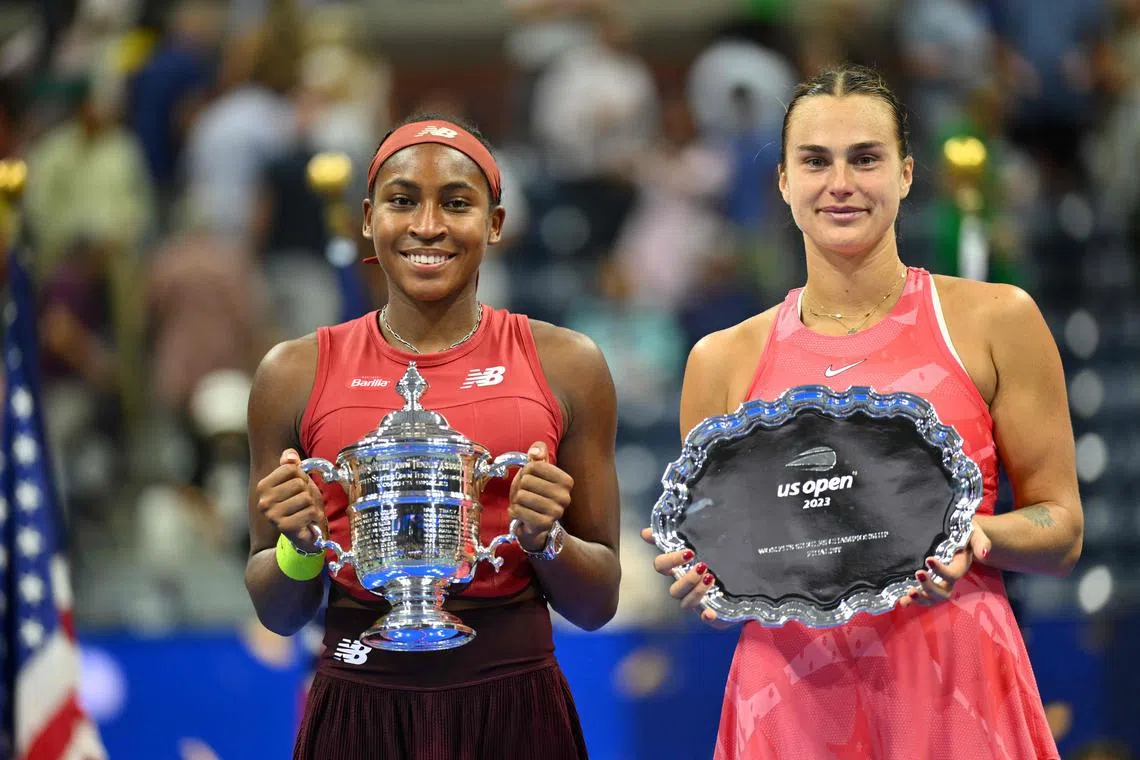 Second place Belarus' Aryna Sabalenka (right) with Coco Gauff of the US after Gauff won the US Open on Sept 9.