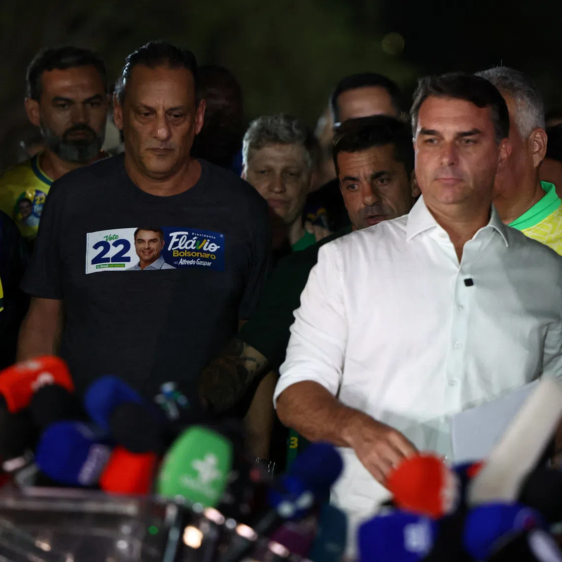 Brazilian presidential candidate Flavio Bolsonaro of the Liberal Party (PL) arrives to speak after losing the presidential runoff election, in Brasilia, Brazil October 25, 2026. REUTERS/Agustin Marcarian