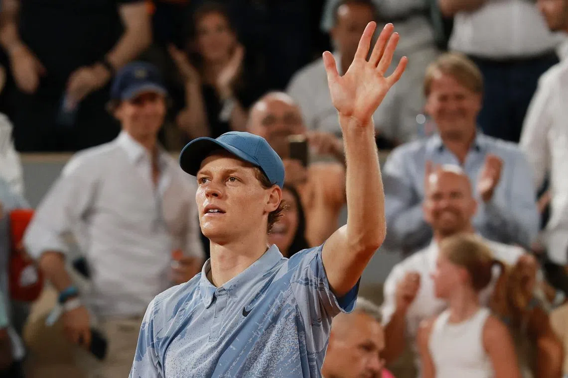 Tennis - French Open - Roland Garros, Paris, France - May 26, 2026 Italy's Jannik Sinner celebrates after winning his first round match against France's Clement Tabur REUTERS/Stephanie Lecocq